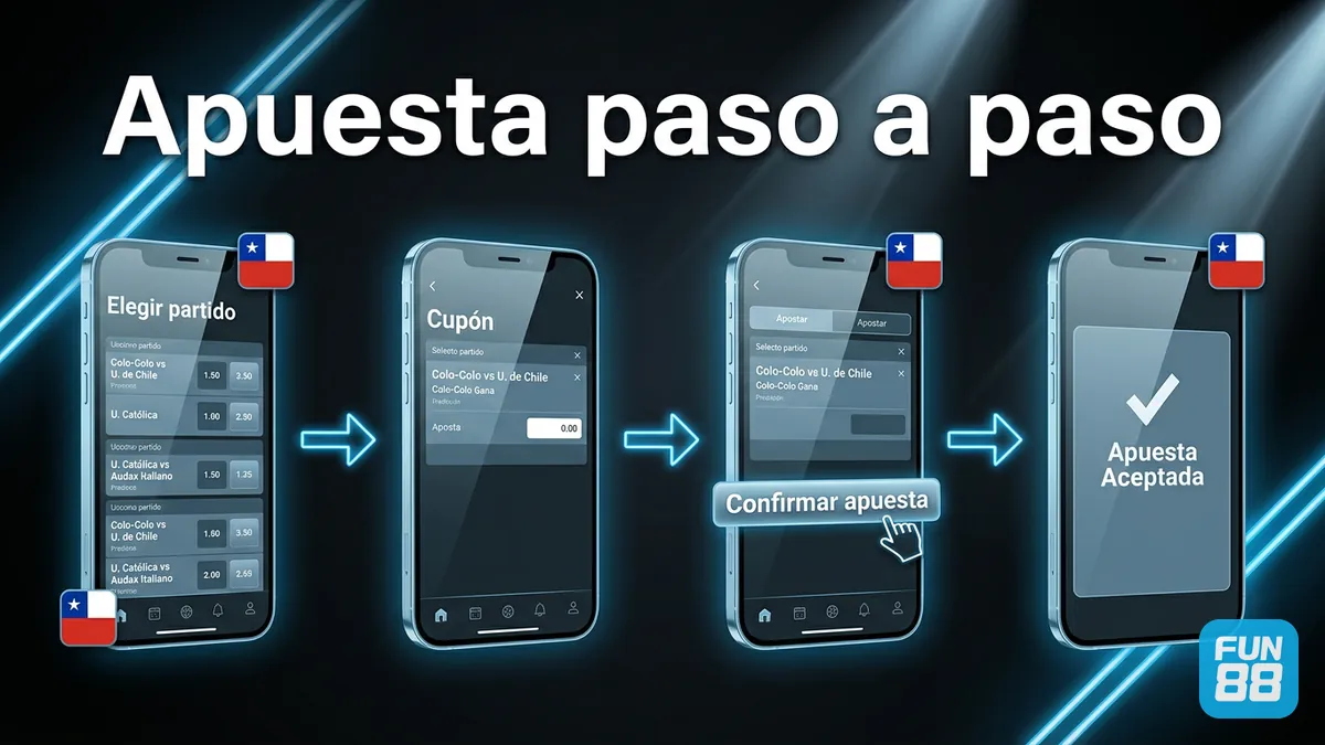 Pasos para apostar en Fun88 Chile: partido, cupón, confirmación y apuesta aceptada
