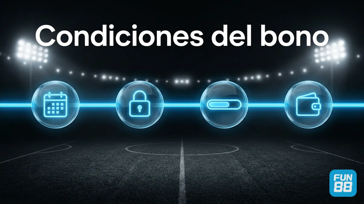 Línea de tiempo con las condiciones del bono de Fun88 Chile: plazo, apuesta y retiro