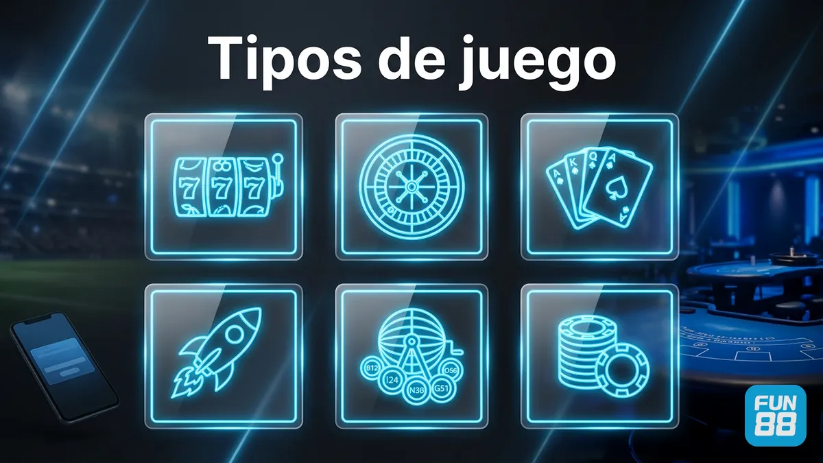 Mosaico de tipos de juego de Fun88 Chile: tragamonedas, casino en vivo, crash, bingo y póker