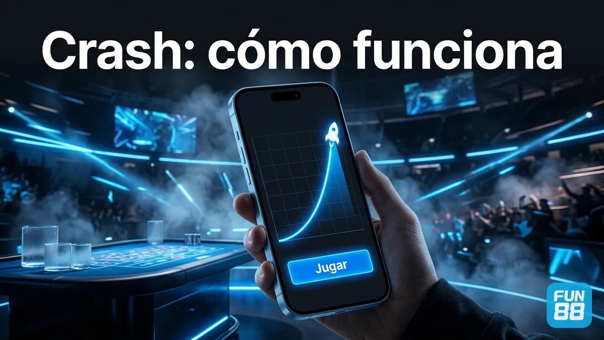 Pantalla de juego crash en Fun88 Chile con curva ascendente luminosa