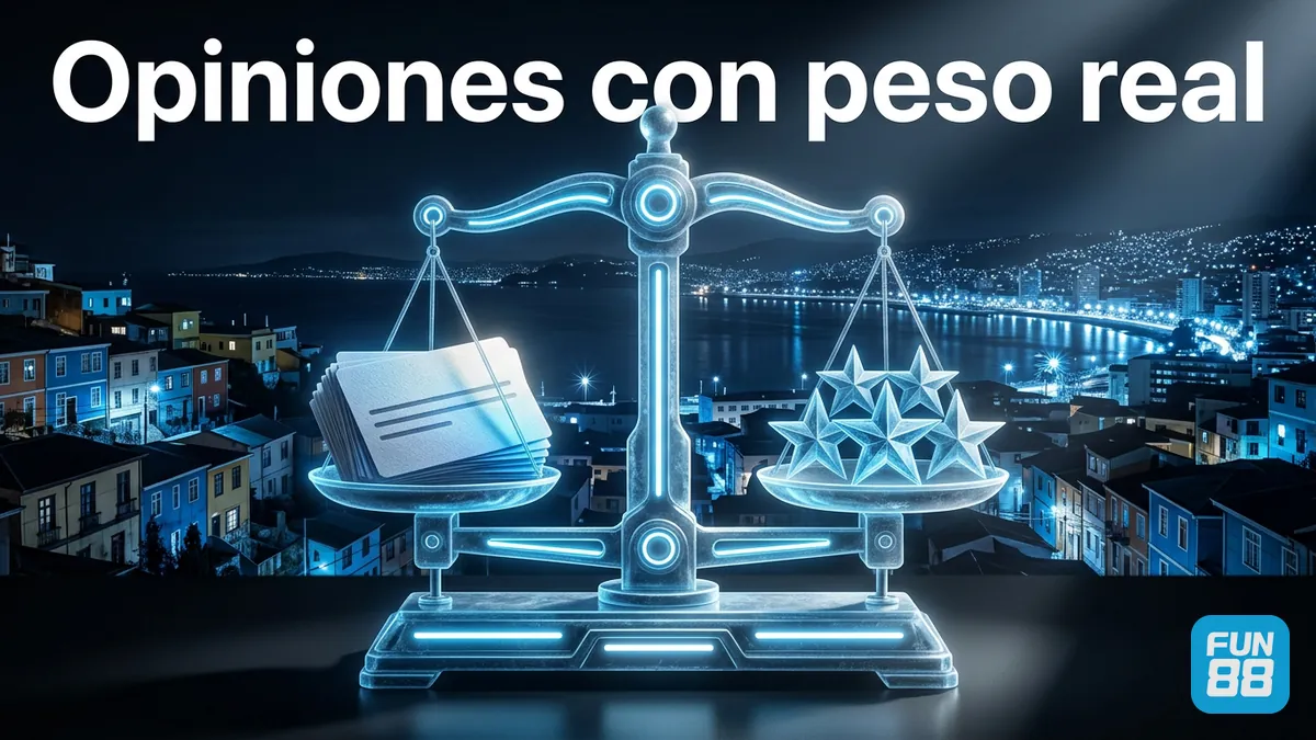 Fun88 Chile: balanza de reseñas y estrellas frente a Valparaíso de noche