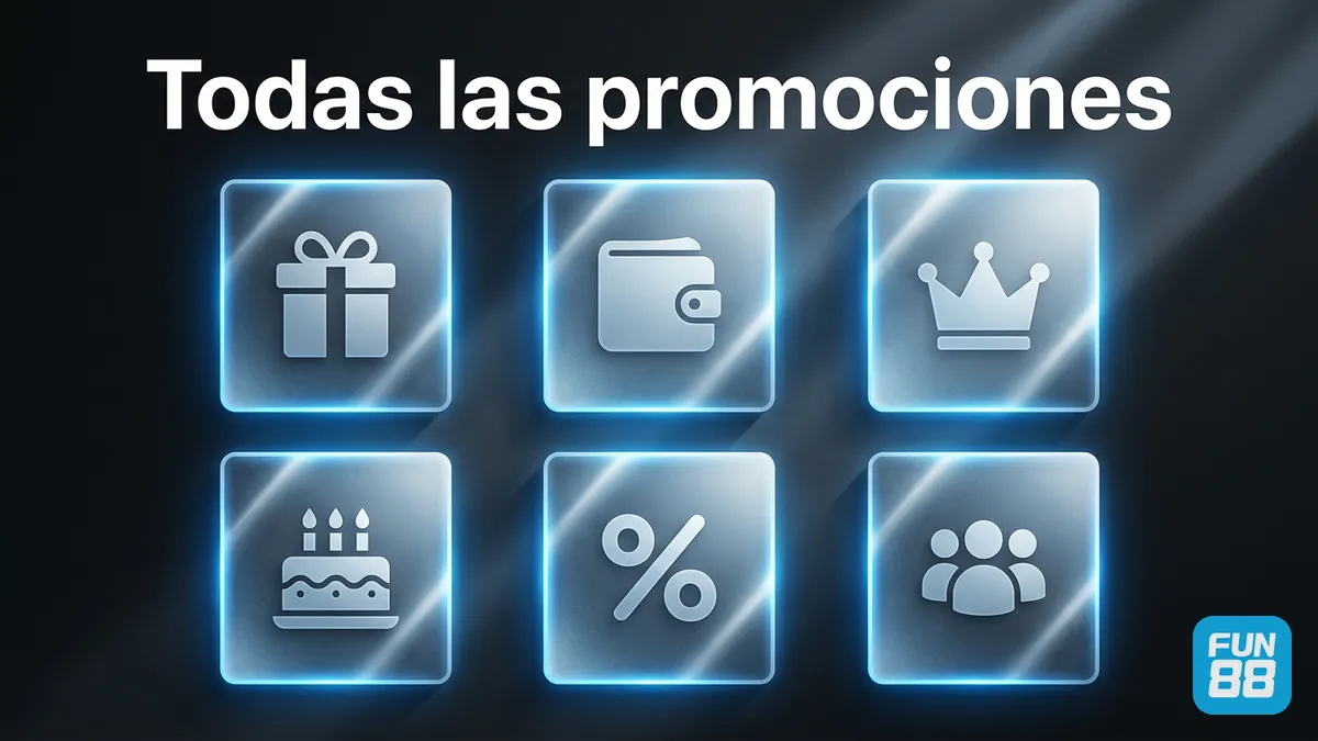 Tabla resumen de promociones de Fun88 con tarjetas de vidrio azul