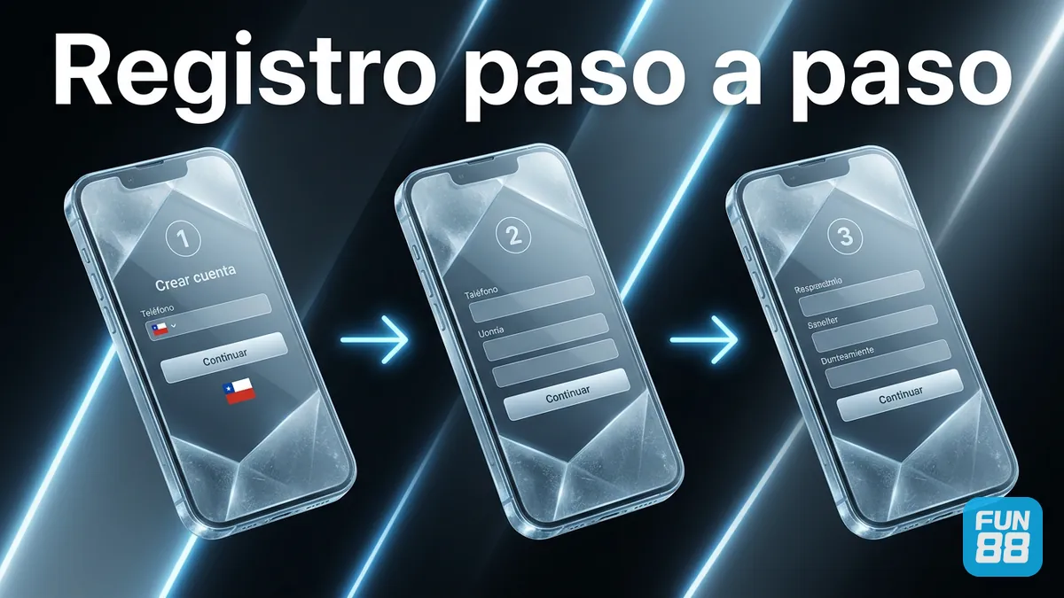 Pasos para crear la cuenta en Fun88 Chile en tres pantallas del celular